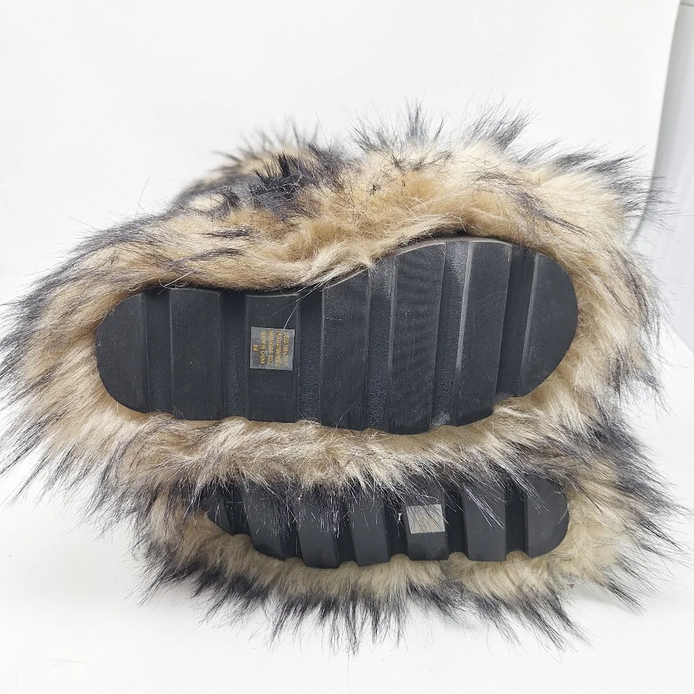 Dolls Kill Club Exx Knee High Fur Wedge Platform Boots Black Tan Studs Buckles